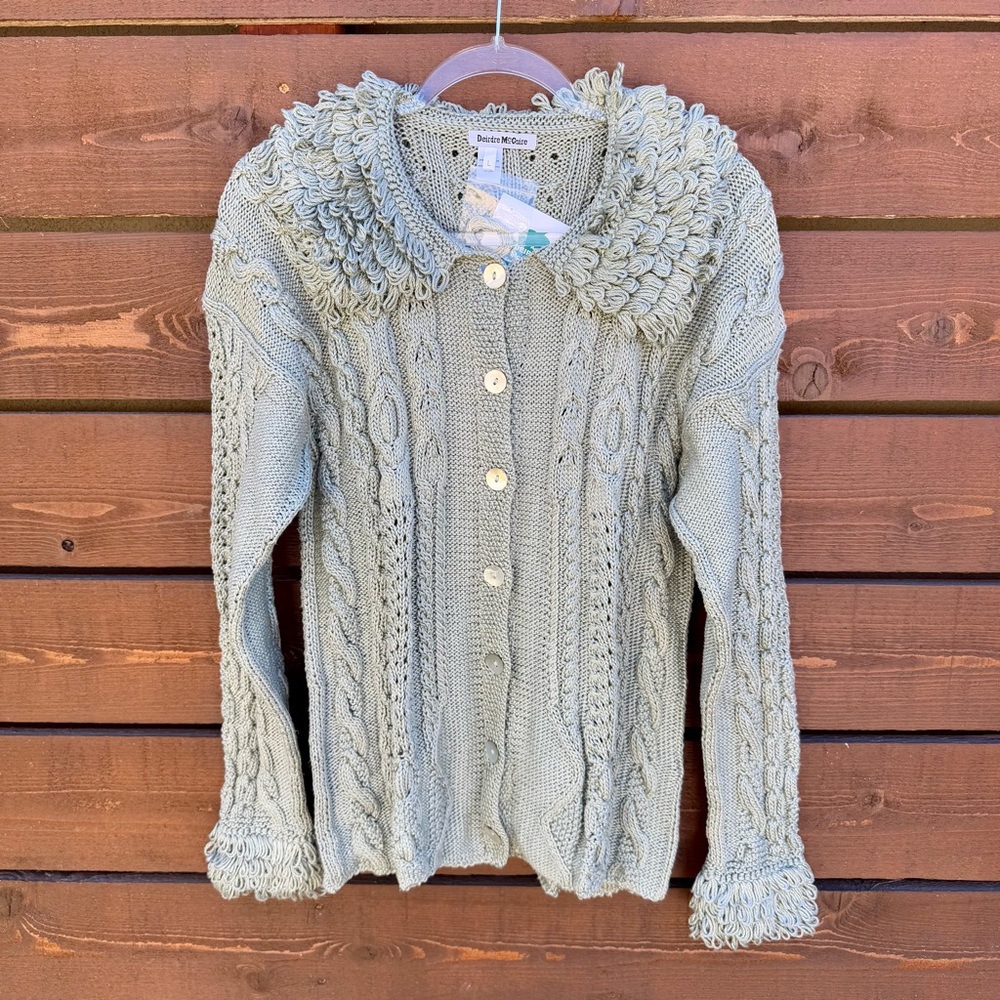 NWT Deirdre McGuire Ireland Hand Knit Fringe Collar Cardigan Sweater Sz L Sage